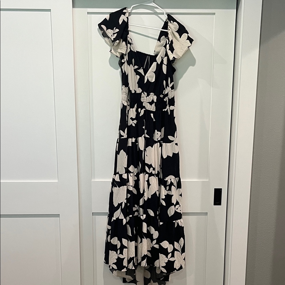 Anthropologie Black and Cream Floral Maxi Dress